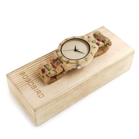Floral Printed Wooden Wristwatch
